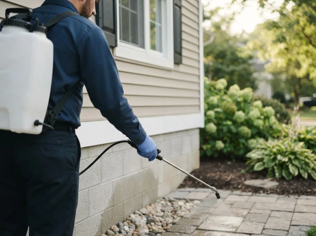 Pest control technician inspecting a home in Simpson, NC